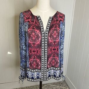 Lucky Brand Womens Size Small Peasant Tunic Top Red Blue Printed Split Neck Boho
